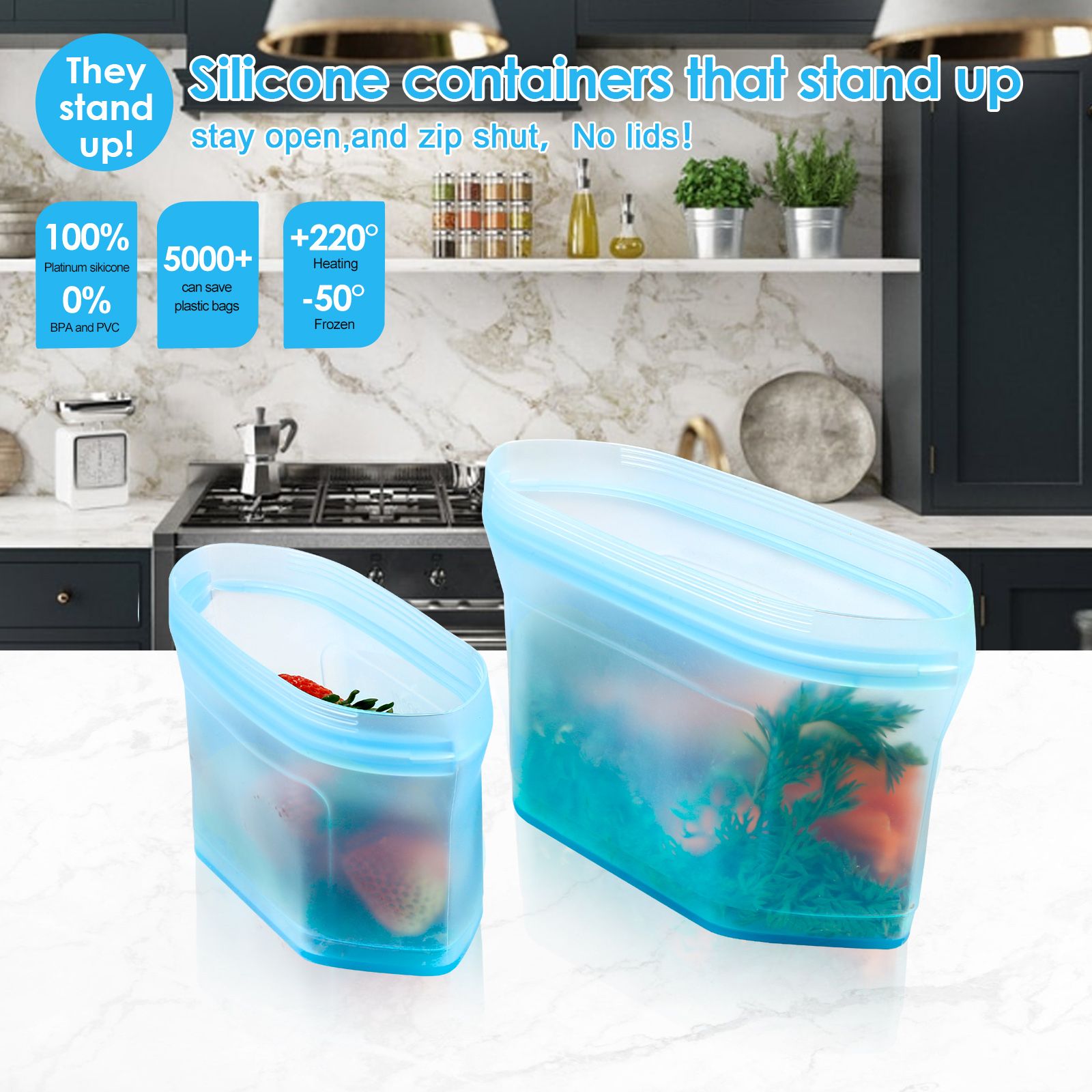 Zip Top Reusable 100% Silicone Food Storage Bags and Containers, Made